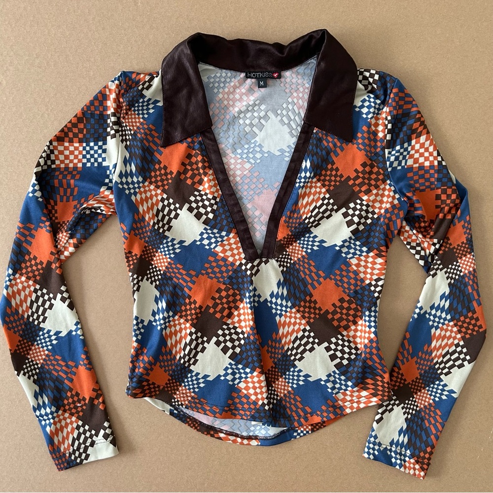 Y2K Hot Kiss Retro Plaid Shirt Sz Medium 70s Style Colorway Long Sleeve Stretchy